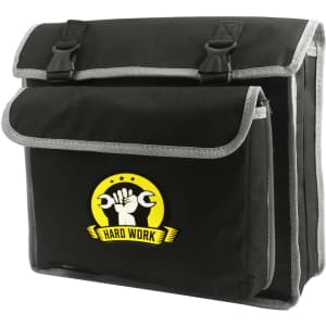 A black portable tool bag with grey accents and a logo on the front.