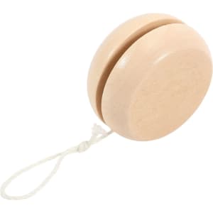 A wooden yoyo in a natural light colour with a string attached. It has a simple, smooth design.