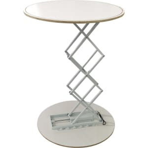 A round, backlit LED display featuring a white top and a silver scissor-like base. It includes a logo.