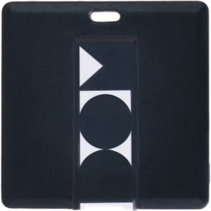 A square black flash drive featuring a simple geometric design and a small logo.