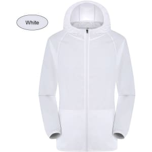 A white unisex jacket made from 100% polyester, featuring a hood and sun protection, with a logo present.