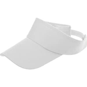 A white visor with a wide brim and adjustable back, featuring a logo on the side.