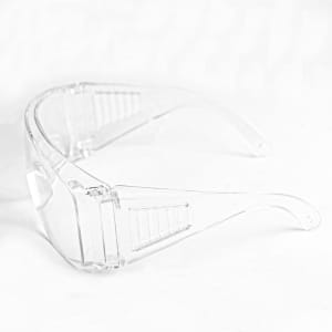 Clear anti-fog safety protective goggles with a sleek design and a logo on the side.