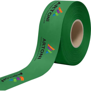 A roll of green ribbon featuring branding, ideal for grand opening events.