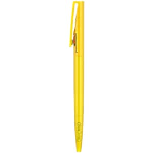 A yellow plastic pen with a transparent barrel and a clip, featuring a logo on its barrel.