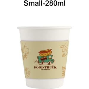 A white paper cup with a tan sleeve featuring a food truck illustration and text. Capacity is 280ml.