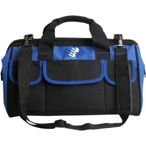 A tool bag in black and blue, featuring multiple pockets and handles, along with an adjustable shoulder strap.