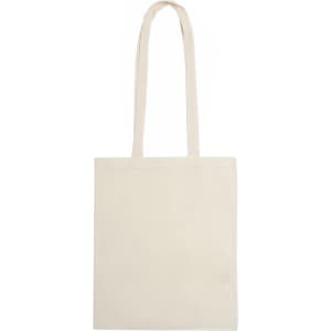 A beige, long-handled calico bag with a plain design and no visible logos.