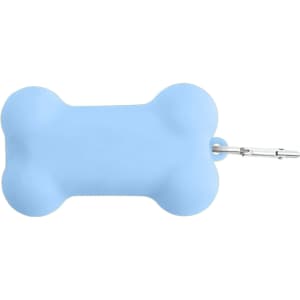 A blue silicone bone-shaped dog poop bag dispenser with a clip for attachment. Features a simple, smooth design.