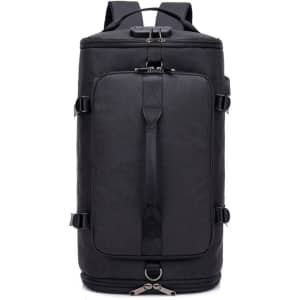 A black convertible bucket backpack duffel bag with multiple straps and a zipped compartment. It features a logo.