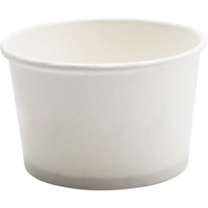 A plain white gelato cup with a smooth surface and a grey base. It has a subtle logo on the side.