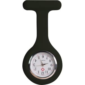 A silicone nurse watch in black with a round face and clear numerical markings, featuring a logo.