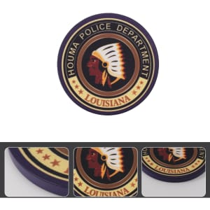 A round poker chip in purple, featuring an emblem with a profile of a Native American and a police department logo.