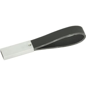 A leather strap flash drive featuring a sleek metal casing and a black leather strap. It includes a logo.