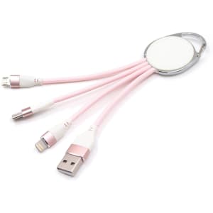 A pink charging cable with multiple connectors and a keyring attachment. It features USB, Lightning, and micro-USB ends.