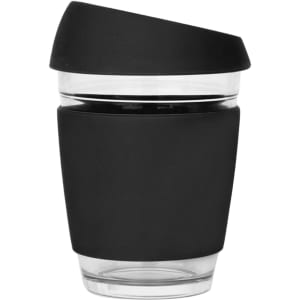 A reusable glass coffee cup in clear and black, featuring a sleek design and a protective silicone sleeve.