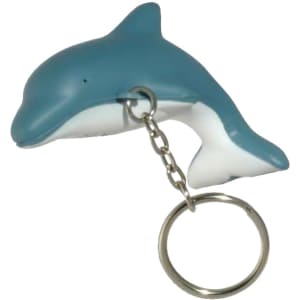 A teal and white dolphin-shaped stress reliever keyring attached to a metal chain. It features a logo.