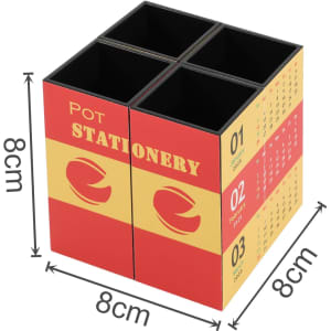 A four-panel foldable pen holder in red and yellow, featuring four compartments for stationery. It has a logo.