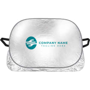 A silver aluminium car snow cover with handles and a logo printed on the front.