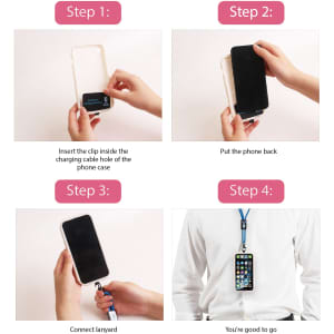A four-step guide featuring a blue lanyard and a phone charging clip for the 60W 4-in-1 Charging Phone Lanyard.