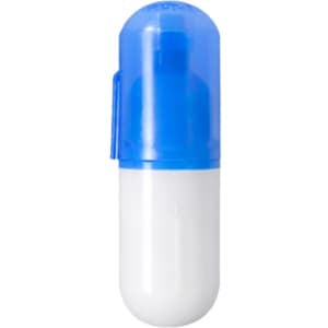 A capsule-shaped highlighter set featuring a blue cap and white body. Includes a logo on the surface.