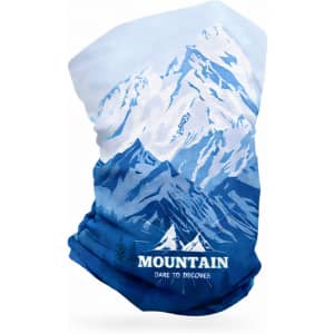 A blue neck gaiter featuring a mountain design, with a logo and a rugged outdoor theme.