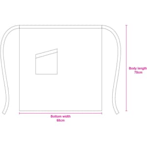 A diagram of a 100% polyester half apron in white with a single pocket, featuring measurements.