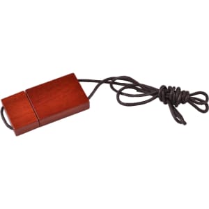 A wooden string flash drive in rich brown colour with a tied cord for easy handling. Features a logo on the surface.