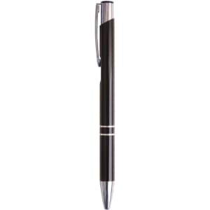 A sleek black aluminum click pen with a silver accent and clip, featuring a chrome tip and detailing.