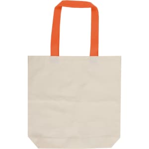 A beige canvas tote bag with orange handles, featuring a simple design and an unbranded appearance.