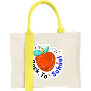 A cream horizontal canvas tote bag with a bright yellow handle and a graphic of an apple.