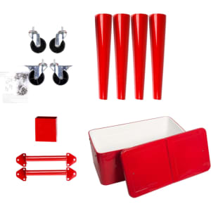 A red 75L cooler box with two hinged lids, four red legs, wheels, brackets, and assembly instructions.