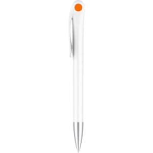 A creamy white pen with a silver tip and an orange accent, featuring a clip and logo.