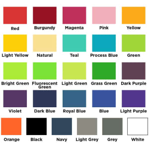 A collection of colour swatches including red, pink, green, blue, black, and white on a grid layout.