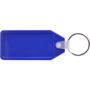 A blue long hexagon hard plastic keyring with a metal keyring attachment. It features a logo.