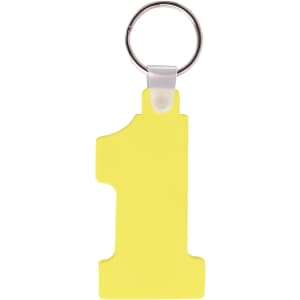 A yellow keyring shaped like the number one, attached to a metal keyring. It features a simple design and a logo.