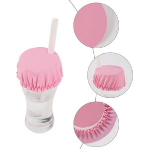 A drink bottle with a pink anti-spike cover and a straw, featuring a gathered design and a transparent glass.