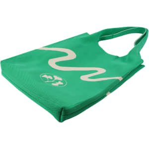 A large capacity knitted shoulder bag in vibrant green with a wavy white design and a logo.