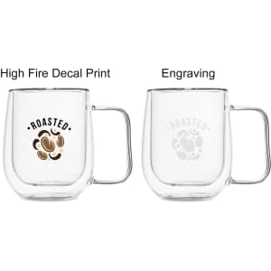 A barrel-shaped double wall mug in clear glass with two design options: decal print and engraving, featuring a logo.