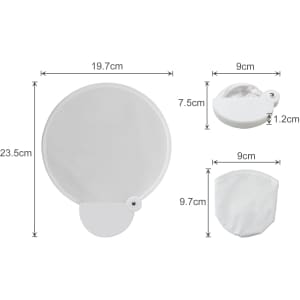 A foldable fan in white, measuring 20cm when extended, compact for easy storage. Includes a small pouch.