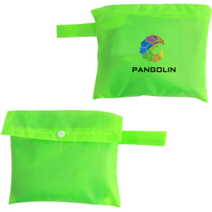 A bright green mesh beach toy bag with a button closure and a logo. Designed for carrying beach toys.