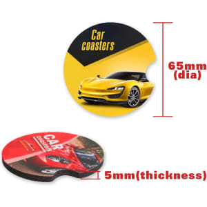 A round, full-colour car coaster in yellow featuring a car graphic, measuring 65mm in diameter and 5mm thick.