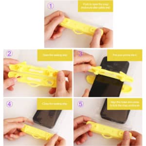 A yellow waterproof mobile pouch with hands demonstrating its opening, sealing, and phone insertion process.