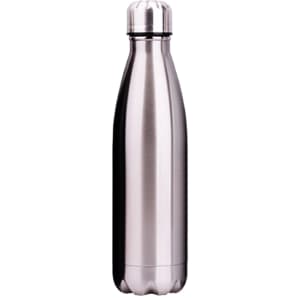 A drink bottle made of stainless steel with a shiny silver finish and a screw-top lid, featuring a logo.
