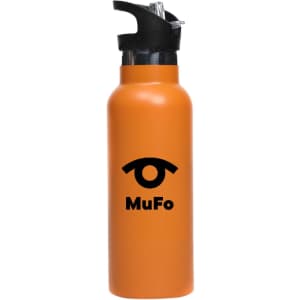 A drink bottle in vibrant orange featuring a flip valve lid and a logo. It has a double wall vacuum design.
