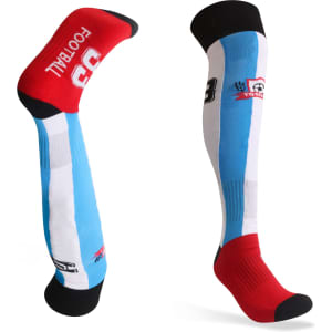 Knee high sports socks featuring a custom pattern in blue, white, and red with a logo. Towel bottom for added comfort.