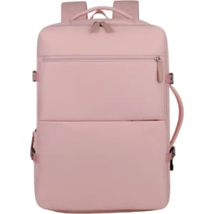 A pink expandable travel backpack with multiple zippered compartments and adjustable straps. It features a logo on the front.