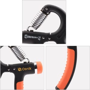 A black and orange adjustable hand grip with a coiled spring, featuring a logo and measurement markings.