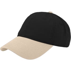 A solid black cap with a beige brim and a logo on the front.