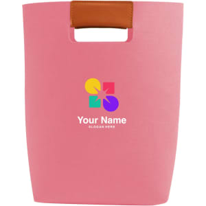 A pink felt tote bag with a tan handle and a multicoloured logo on the front.